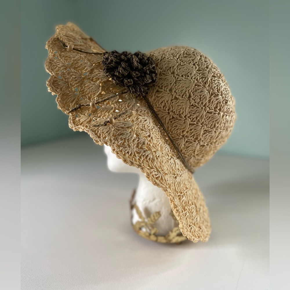 Floppy Textured Wide Brim Sun Hat with Brown Flower One Size